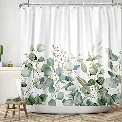 MIRRORANG Eukalyptusblätter Duschvorhang,Grüne Blattpflanze Badezimmervorhänge mit 12 Haken, Wasserdicht Schimmel und Schimmel resistent Polyester Stoff waschbar Duschvorhang,183x183cm