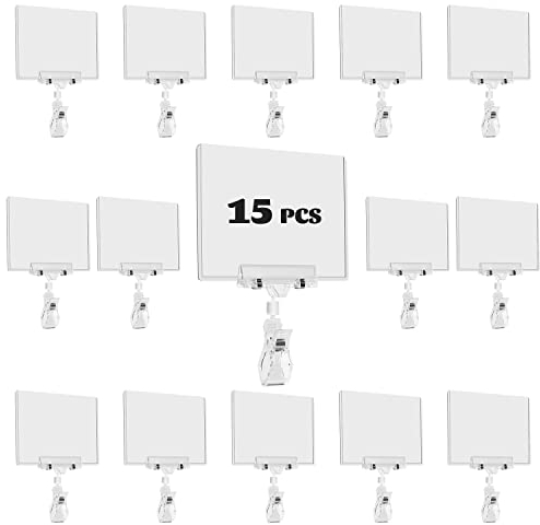 SIYOMG 15 Stück Etikettenhalter Clip, Etiketten Clips Label Halter, Drehbar Label Halter, Abnehmbare Clips Etiketten, Kunststoff Tafelschild mit Clip für Geschäft, Party, Büro, Ausstellung