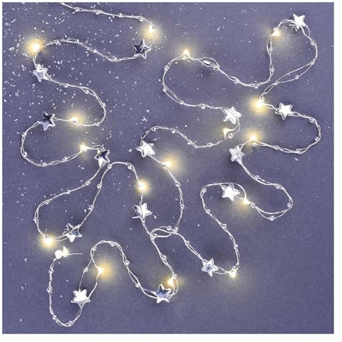 EMOS silberne Sternengirlande mit 20 LEDs, dekorative Lichtergirlande mit Sternen 190cm, 6/18 h Timer-Funktion, Batteriebetrieben (2x AA), Leuchtdauer 10.000 h, IP20 für Innenbereich