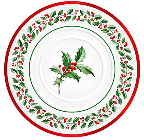 Horeca Collection 1 Unidad - Bandeja Desechable Redonda Cartón Ø 30 cm con Temática Acebo. Bandeja Cartón Biodegradables Navidad, 100% Reciclables Celebraciones y Eventos.