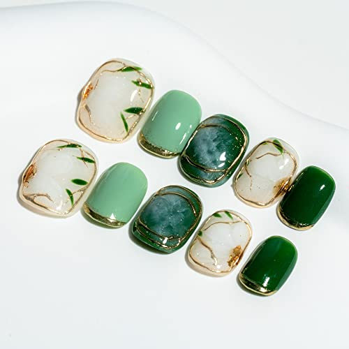 Sun&Beam Nails Handmade Press-on Short Squoval Round Green White Hand-Painted glossy Ombre Design Fashion False Nail Tips 10 Pcs Set (#033 XS)