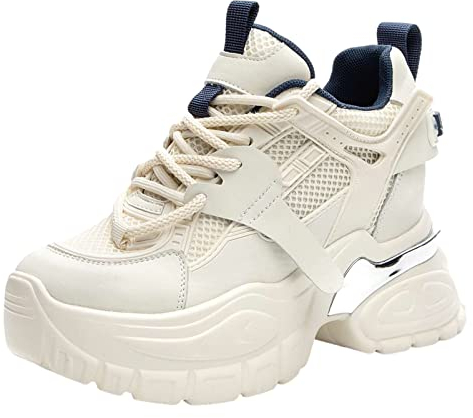 ANUFER Damen Hohe Plattform Chunky Trainer Schuhe Echtes Leder Keilabsatz Turnschuhe Beige SN070146 EU38