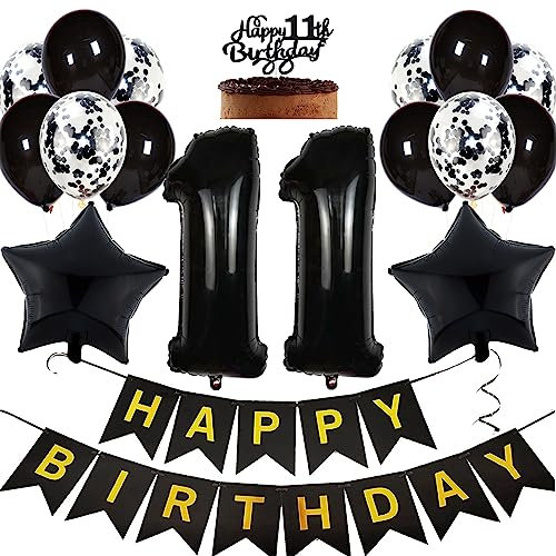 Feelairy Geburtstagsdeko 11 Jahre Junge, Luftballon 11. Geburtstag Deko Mädchen, Schwarz Tortendeko Happy 11th Birthday Deko 11 Jahre Mädchen, Ballon 11. Geburtstag Party Dekoration Set
