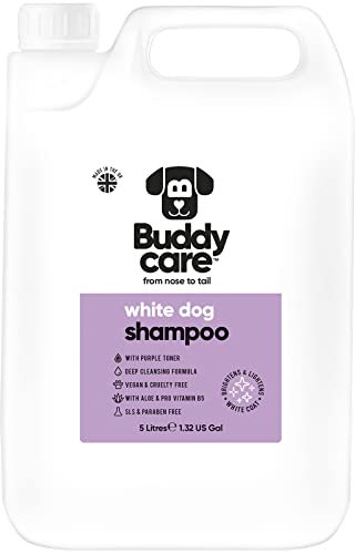 Champú blanco para perros de Buddycare – Champú aclarador y aclarador para perros – Limpieza profunda, aroma fresco – con aloe vera y provitamina B5 (5L)