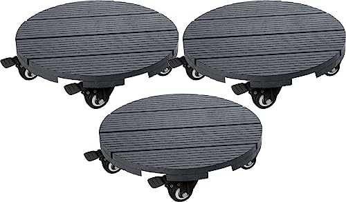 Mediablue Pflanzenroller massives WPC, rund 30 cm Blumen Rollbrett bis 100 Kg (WPS) Nature Rolluntersetzer (3 Planzenroller)