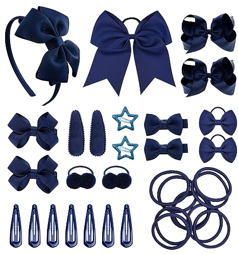 SKHAOVS 33 Stück Blau Schleife Haarschmuck Set Haargummis Mädchen Kleine Haargummi Mädchen Haargummi Elastische Haargummi Stirnband Schleifen Band Kinder Mädchen Mini Haarband Soft (Blue)