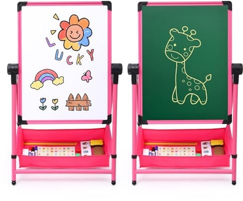 Tableau Enfant Double Face fer Chevalet Rotatif 360°, Hauteur Réglable – Outil de Dessin en Craie et Blanc avec Accessoires, Pliable sur Pied (rose)