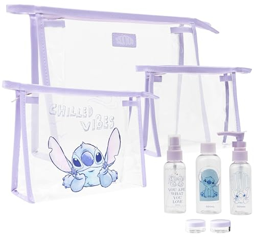 Disney Stitch Set Viaggio Organizer, Contenitori da Viaggio con Bottiglia Ricaricabile