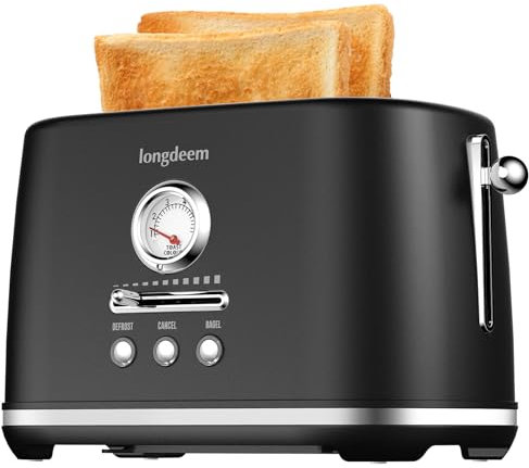 LONGDEEM Retro 2-Slice Toaster with Extra Wide and Deep Slots, 6 Golden Steps and 3 Functions: Reheating, Defrosting and Dismantling, Stainless Steel, Removable Tray for