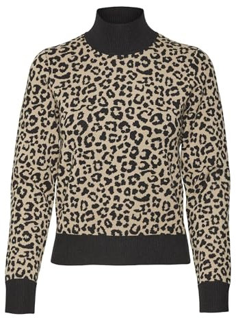VERO MODA Damen VMARIA Art LS HIGH-Neck Pullover GA Strickpullover, Black/Detail:W. Silver Mink Leo Print, XS