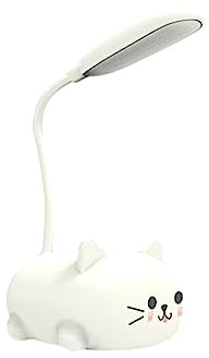 dijiusidy Kompakte LED Schreibtischlampe mit Einstellbarer Helligkeit und Augenschutz, USB Ladeanschluss, kleine Schreibtischlampe mit Akku, Weiße Katzen Tischlampe