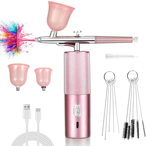 Portable Airbrush Kit - Handheld Air Brush, Cordless Mini Air Brush with Spray Gun, Nail Art, Makeup (Pink)