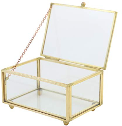 Boîte à bijoux vintage en métal doré - Rectangulaire - Géométrique - Présentoir à bijoux - Boîte de rangement pour décoration d'intérieur, Verre Métal Plastique