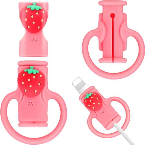 SAISN Cable Protector for iPhone Charger, Silicone Cute Strawberry Wire Protector 2 in 1 Flexible Anti-Break Charging Cable Saver Winder