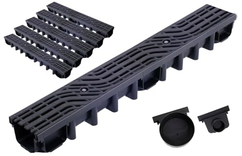 Durabern Entwässerungsrinne Gußrost 12,5t Belastung | Set - 98 mm Ablaufrinne, PKW-befahrbar, für Garten, Hof & Terrasse, inkl. Rost aus Gusseisen und 2 Ablaufstutzen (5m, Wave)