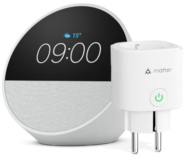 Echo Spot | Blanco + Meross Enchufe Inteligente Matter, compatible con Alexa - Kit de inicio de Hogar digital