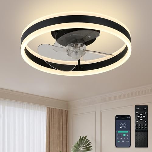 diisunbihuo Deckenventilator mit Licht 40 cm, dimmbare LED 2×24 W, leiser umkehrbarer DC-Motor, 3 einziehbare Flügel, Fernbedienung, Speicherfunktion & Timer, flach, Acryl/ABS, Schwarz