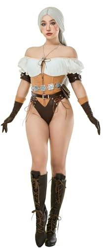 Mobbunny Frauen Spiel Cosplay Kostüm Sexy Bodysuit Mittelalter Halloween Dessous Set Bodycon mit Gürtel Handschuhe und Tasche