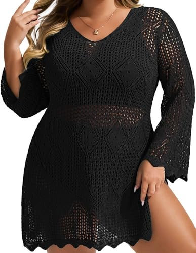 Hanna Nikole Women's Bikini Cover Up Plus Size Long Scalloped Cuff Sleeves Sexy Beach Dress Beach Holiday Black 26