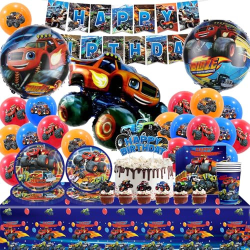 Monster Truck Partygeschirr Set，Monster Truck Geburtstagsdeko，Party Deko Geburtstag，Servietten，Tischdecke，Pappteller