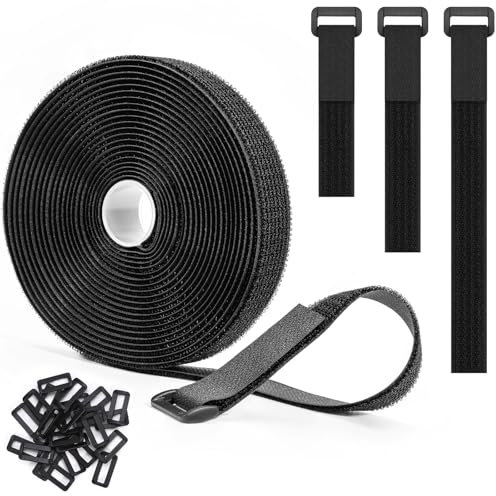 Trilancer Fascette Fermacavi Riutilizzabili 5m x 2.5cm con 25 Fibbie, Nero Cinghie e Nastro Adesivo a Strappo per Organizzare Cavi, Zaino, Tubi Flessibili, Nero