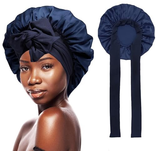 ERBO Seidenhaube zum Schlafen, Silk Bonnet, Verstellbare Schlafhaube Seide, Bonnet Sleep Cap, Satin Haarhaube Damen, Seidenhaube zum Schlafen Lange Haare Locken, Haarhaube für die Nacht (Dunkelblau)