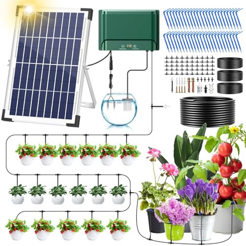 Onherm Kit di Irrigazione Automatica Solare per Vasi (1-30 Piante), Timer con 300 Programmi e Tubo da 30 Metri, Kit di Irrigazione a Goccia per Giardin, Balcone, Piante in Vaso