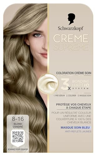 Schwarzkopf - Coloration Permanente - Creme Supreme - Resultat Couleur Uniforme - Coloration Creme Soin - Bonding - Pre-serum et Masque Soin - Couverture 100% Cheveux Blancs - 8-16 - Blond Cendre