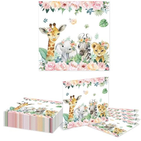 Kotkiddy 20 Stück Wildtiere Servietten - Safari Baby Dusche Dekorationen - Einmalige Servietten für Mädchen Geburtstag Dschungel Safari Themen Feste