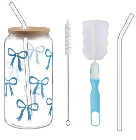XINGNA Glass with Lid and Straw, 16 oz (500 ml) Drinking Glasses with Bamboo Lids and Glass Straw, Elegant Bow Glass Cup for Bubble Tea, Coffee or Cocktail, Gifts for Women Girls Friends (Blue Bow)