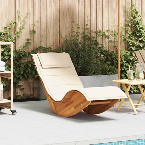 IKAYAA Gartenliege Holz Schaukelliege mit Auflage Akazieholz Garten Sauna Liege Holzliege Balkon Liege 154 x 60 x 74 cm, Cremeweiß