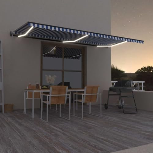 IKAYAA Elektrische Gelenkarmmarkise 600 x 300 cm, mit LED, Markise, Sonnenmarkise, Sonnenschutz, Terrassenmarkise, Klemmmarkise, Blau und weiß