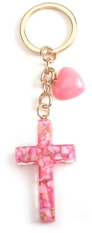 SHTALHST Porte-clés en forme de croix avec pendentif en forme de cœur - Porte-clés en résine pour femme - Cadeau chrétien