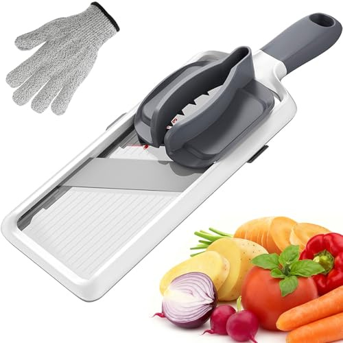 Houbobo Handheld Mandoline Slicer for Kitchen, Adjustable Mandoline Vegetable Slicer with Comfort Grip and Cut Resistant Glove, Safe Speedy Slicing for Cheese, Apple, Potato, Essential Kitchen Tool