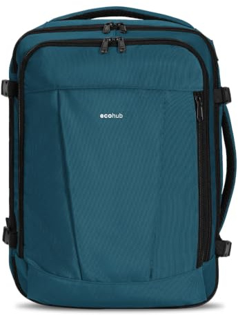ECOHUB Handgepäck Rucksack Unter-Sitz, Ryanair Easyjet Personal Item Rucksack mit 13 Taschen, Leichter Reiserucksack aus Recyceltem PET für Flugreisen, Damen Herren, 40x30x20 cm 24L(Blau Grün)
