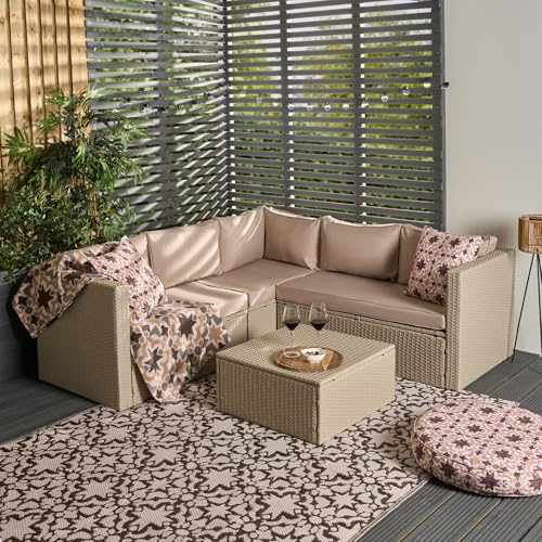 OHS Rattan Garden Furniture, 5 Seater Garden Corner Sofa with Table Set Outdoor Seating Patio Conservatory Furniture Wicker Table Soft Cushions Outdoor Sofa Summer Essentials - Tuscany, Natural