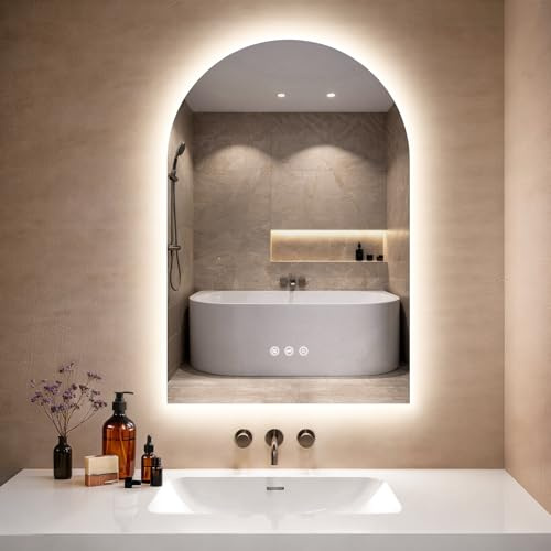 GIMBELEN LED Badspiegel mit Beleuchtung 50x75cm, Gewölbter Badezimmerspiegel mit Touch-Schalter, 3 Lichtfarben, Beschlagfrei, Dimmbar, Bogen Design Spiegel mit Licht Badezimmer