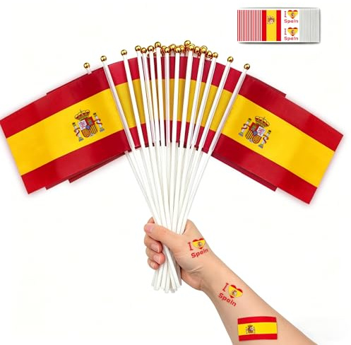 LIANRISES 30Piezas Bandera de Mano España(14x21cm) & 30Hojas Tatuajes Temporales para Copa del Mundo, Día Nacional, San Fermín, Carnaval y Semana Santa, Patios,Bares, Decoraciones de Fiestas de Fútbol