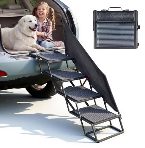 VEVOR Escalera para Perros Plegable para Coche, 4 Escalones, Rampa para Perros Plegable, Capacidad de Carga de 181 kg, Ajustable y Portátil, con Alfombrilla Antideslizante y Barandilla de Protección