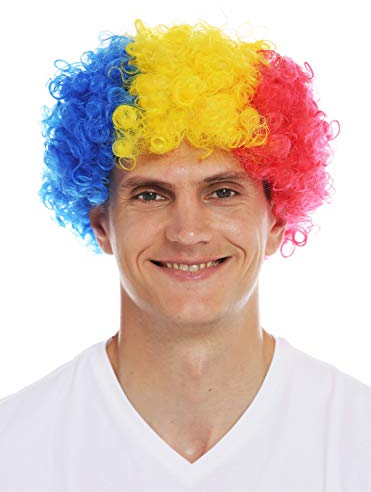 WIG ME UP - MMAM-15M Perücke Karneval Clown kraus Locken Krauskopf Blau Gelb Rot Afro Fan-Perücke