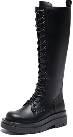 Stivali Alti da Donna di Pelle Tacco Basso Stringati Lungo Stivale Retro Biker Anfibi Militare Stivali Autunno e Inverno,Nero,40 EU