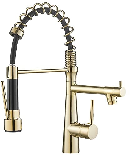 TIMACO Gold Küchenarmatur mit Spiralfeder 360° Schwenkbare Spültischarmaturen mit Zwei Auslauf, Wasserhahn Küchen & Brause ausziehbar- Hochdruck