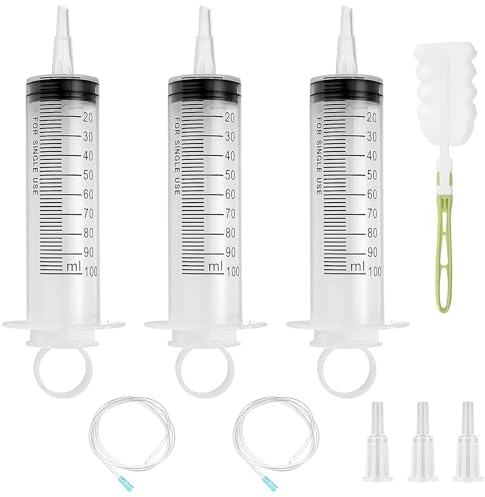 GOLDEROC 3 Spritze 100ml mit Schlauch,1 Flaschenbürste, Ölspritze Dosierspritze aus Kunststoff, Wiederverwendbare Plastikspritze für Labor, Garten, Tiernahrung und Industrie