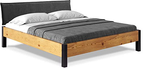 moebel-eins CURBY Bett Metallfuß, mit Polsterkopfteil, Material Massivholz, rustikale Altholzoptik, Fichte, 160 x 200 cm, Natur, Stoff Anthrazit ohne Steppung