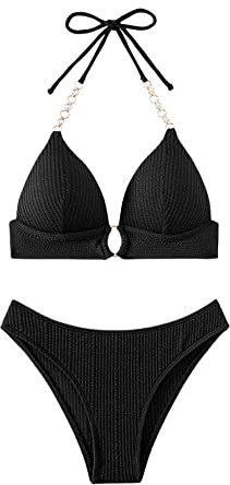 GORGLITTER Push Up Bikini Damen Set Bikini Mit Strass Kette Neckholder Bikini Zweiteiliger Badeanzug Mit Schnürung Bademode Schwarz M
