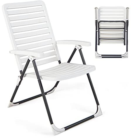 COSTWAY Chaise de Jardin Extérieur à Dossier Réglable 7 Niveaux, Chaise Pliante Camping Inclinable Portable Cadre Métal, Fauteuil Jardin Extérieur pour Terrasse Piscine Cour, Charge 120 KG, Blanc