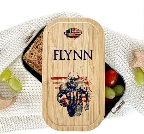 Manufaktur Liebevoll - Personalisierte Brotdose mit Fächern, Edelstahl Lunchbox mit Bambus Deckel u. Trenner, Nachhaltige Brotbüchse | Mädchen, Jungen (Motiv Football, Edelstahl | Größe M)
