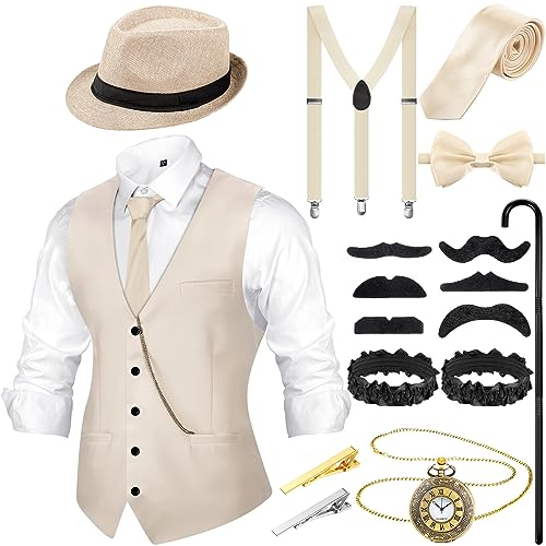 1920er Jahre Herren Kostüm Accessoires Set Gangster Weste Fedora Hut Hosenträger Spielzeug Taschenuhr Gehstock 20er Jahre Outfit Kleidung für Männer 1920er Herren Zubehör (Beige, XL)