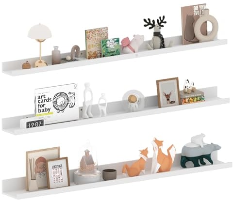 EXYGLO 120cm Lang Wandregal Weiß, Modern Schweberegal Bilderleiste für Wohnzimmer, Küche, Kinderzimmer, Arbeitszimmer oder Schlafzimmer, 3 Stück mit Verschiedenen Größen