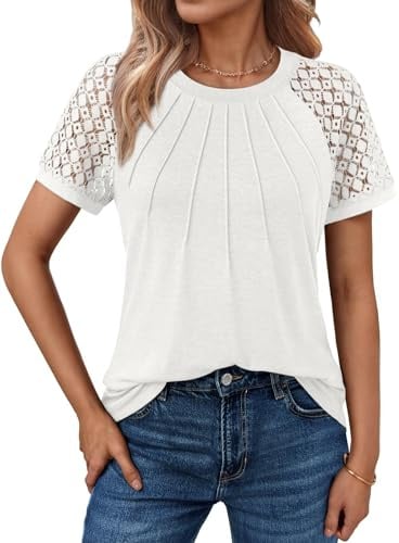 Cuptacc Tunique Femme T Shirt Blouse Femme Chic Et Élégant 2024 Hauts Manches en Dentelle Ete Col Rond Mode Sexy